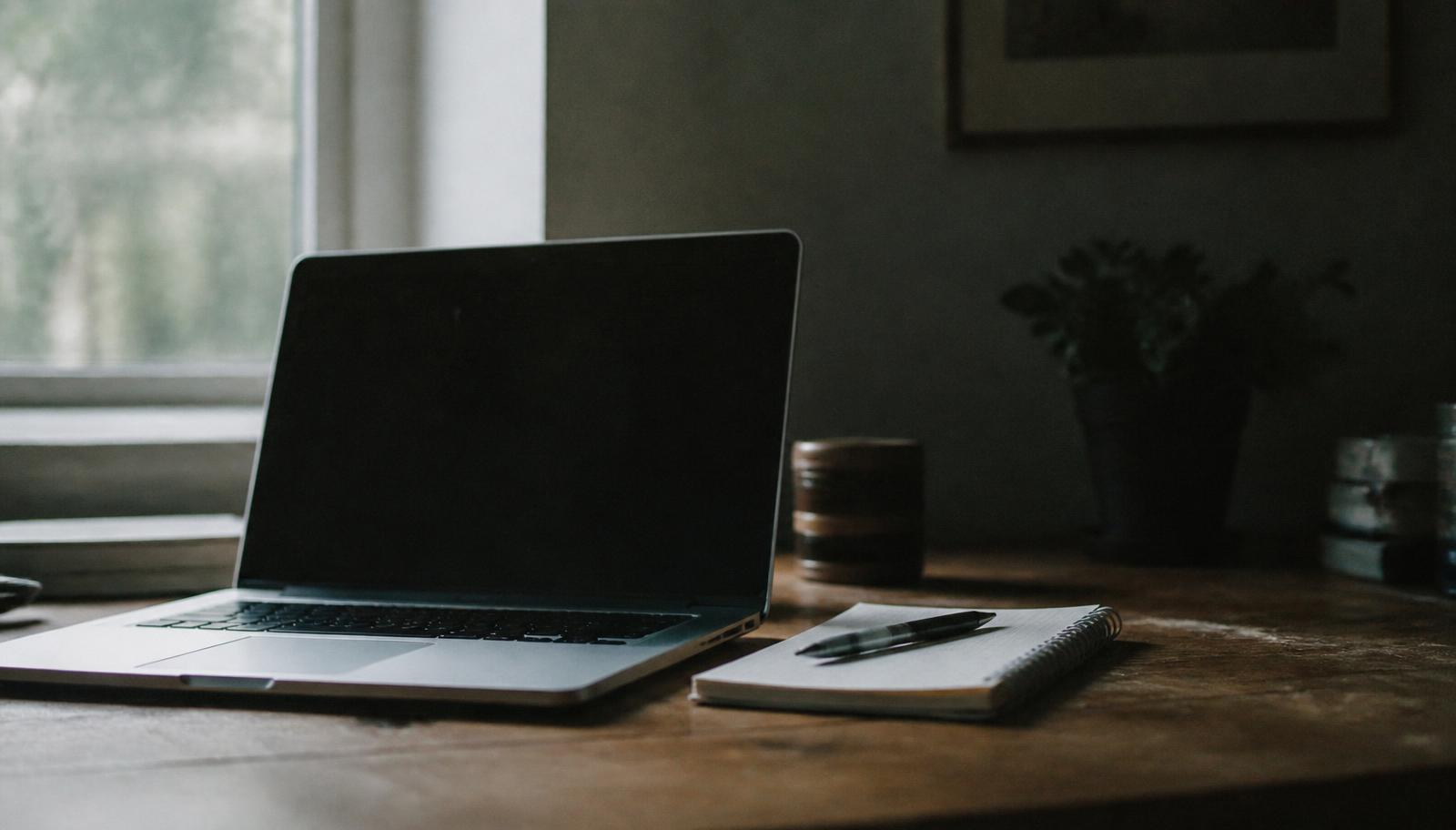 Laptop with a dark, switched-off screen on a wooden desk beside a notebook