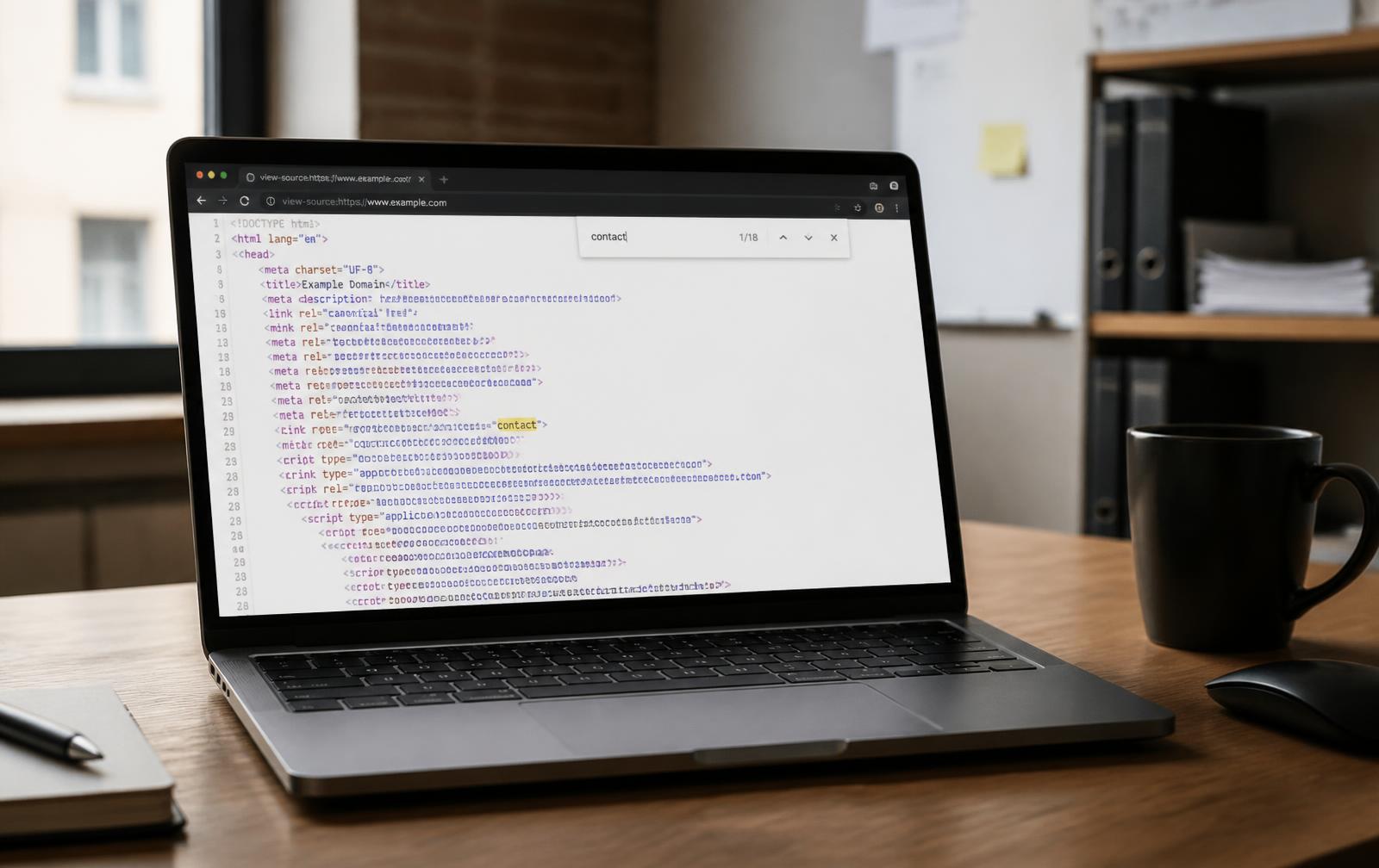 Laptop on a wooden desk showing a browser view-source tab full of raw HTML with the find bar open