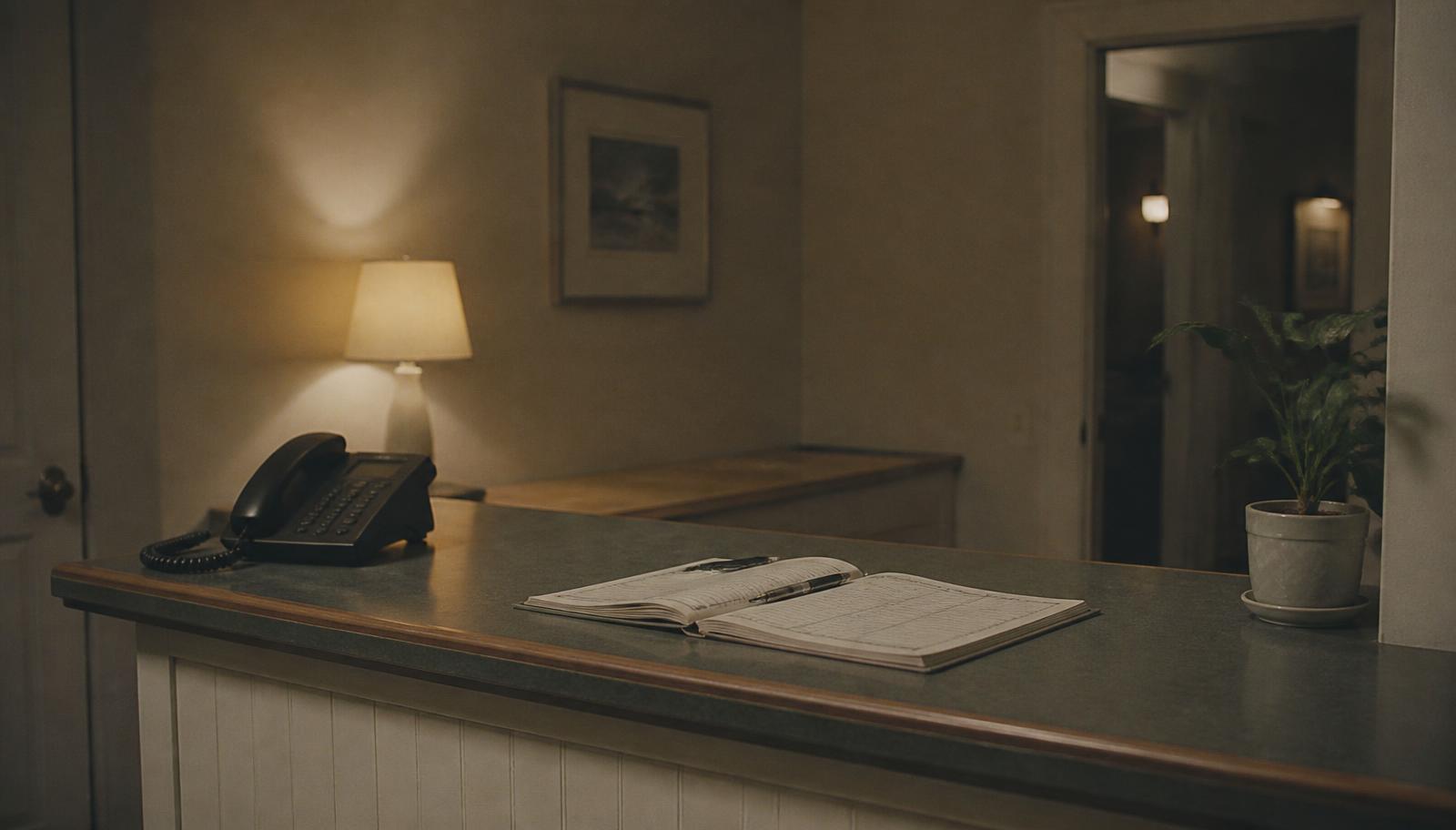An empty front desk after hours with a corded phone and an open appointment book