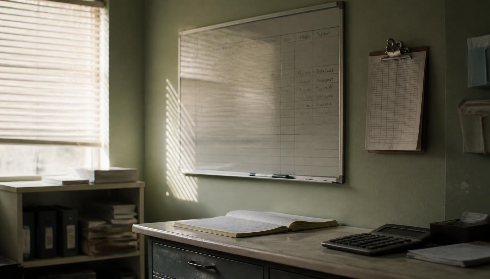 A back office with a whiteboard tracking board, a clipboard, and an open ledger on the counter