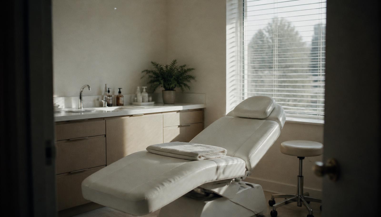 Empty aesthetics clinic treatment room with daylight through window blinds