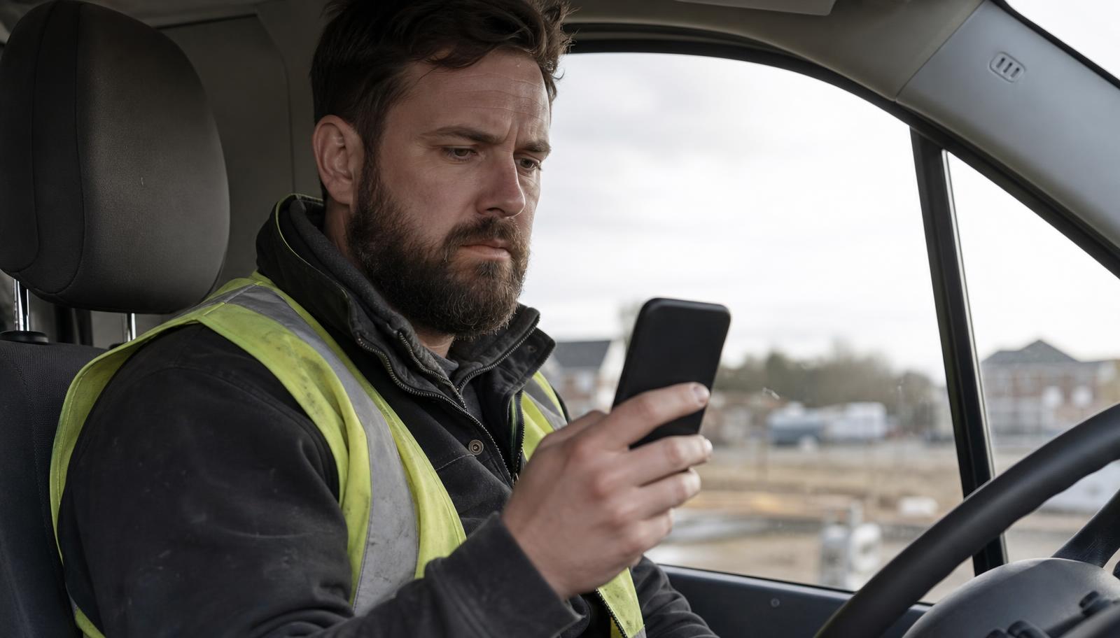 Contractor in a work van checking a missed call on his phone