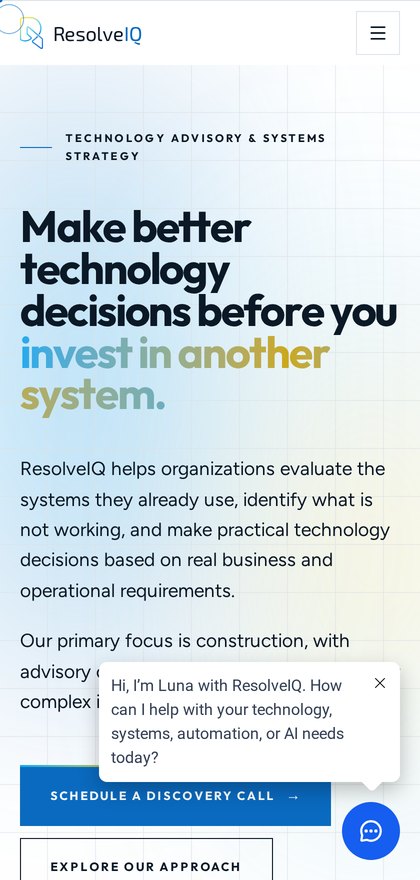 The ResolveIQ site rendered on a mobile viewport, showing the stacked headline and primary call to action