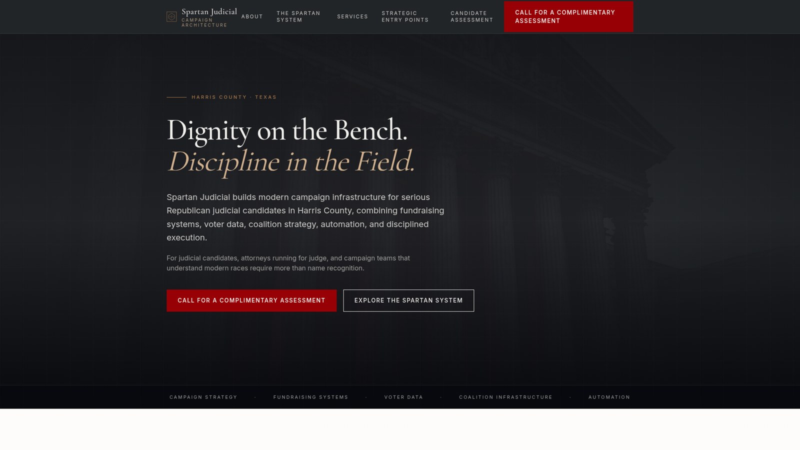 The Spartan Judicial homepage headline and campaign assessment call to action shown in a desktop browser
