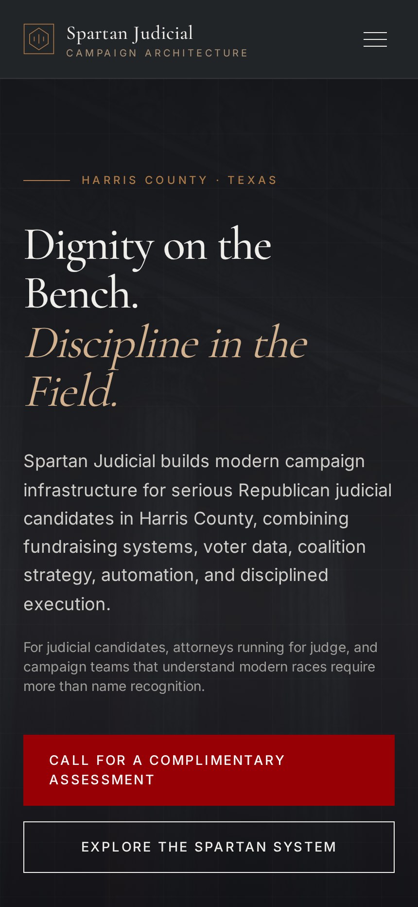 The Spartan Judicial site rendered on a mobile phone viewport showing the headline and assessment call to action